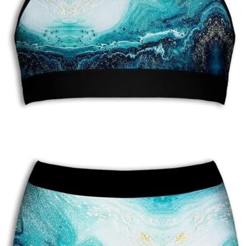 Floral Print Women's Sports Bra & Boxer Briefs Set Ocean Color, Small